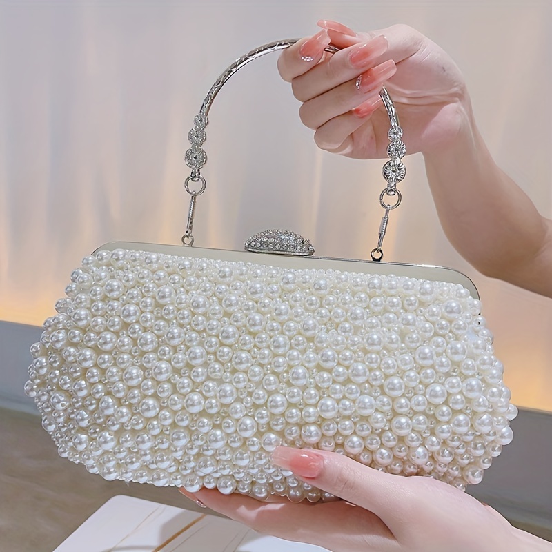 Pearl Handle Sequin Glitter Metal Chain Clutch, Elegent Textured Flap  Purse, Classic Dinner Evening Bag