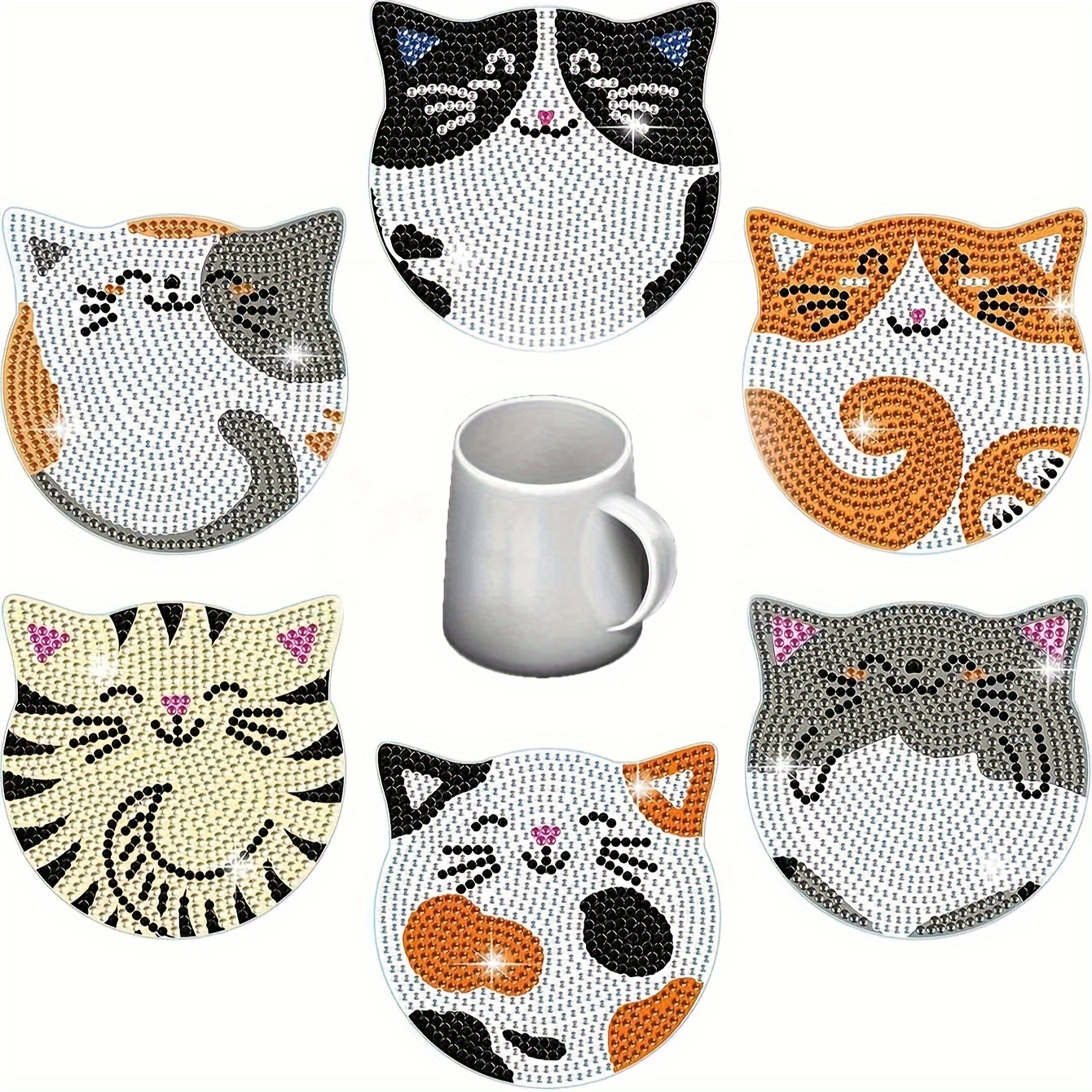 New 6 Pcs Diamond Dot Coasters with Holder Reusable Acrylic Diamond Art  Coasters Set for Beginners Non-Slip Cute Cat DIY Diamond