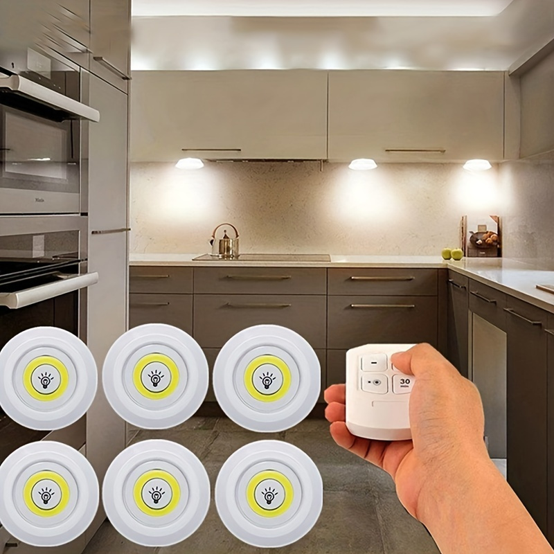 Luz LED de disco, luces LED a pilas con control remoto, iluminación suave  inalámbrica, iluminación debajo del gabinete para cocina, temporizador +