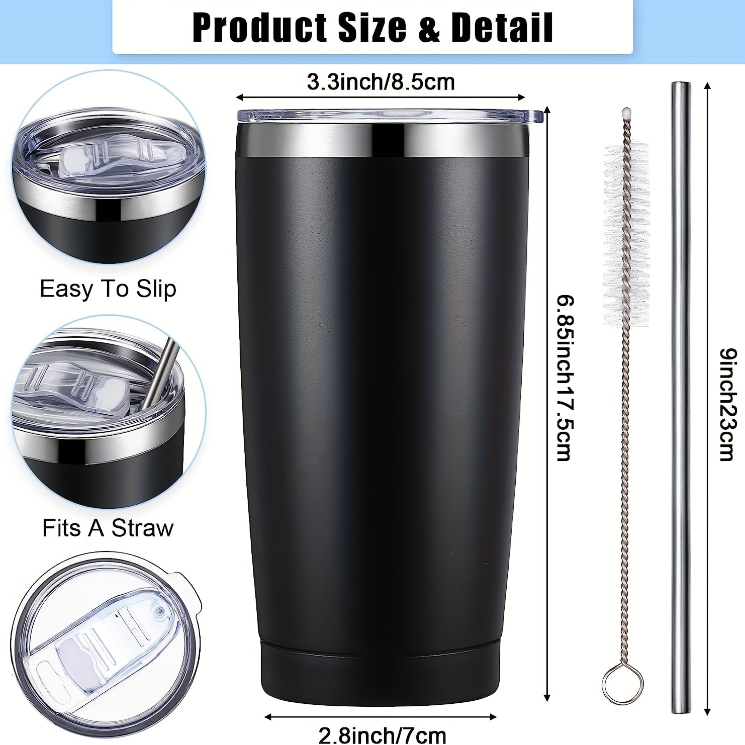 304 Stainless Steel Tumbler with Lid & Straw Vacuum Insulated Coffee Cup Portable Coffee Mug for Home Office Travel Camping, Size: 20*10*7CM, Silver