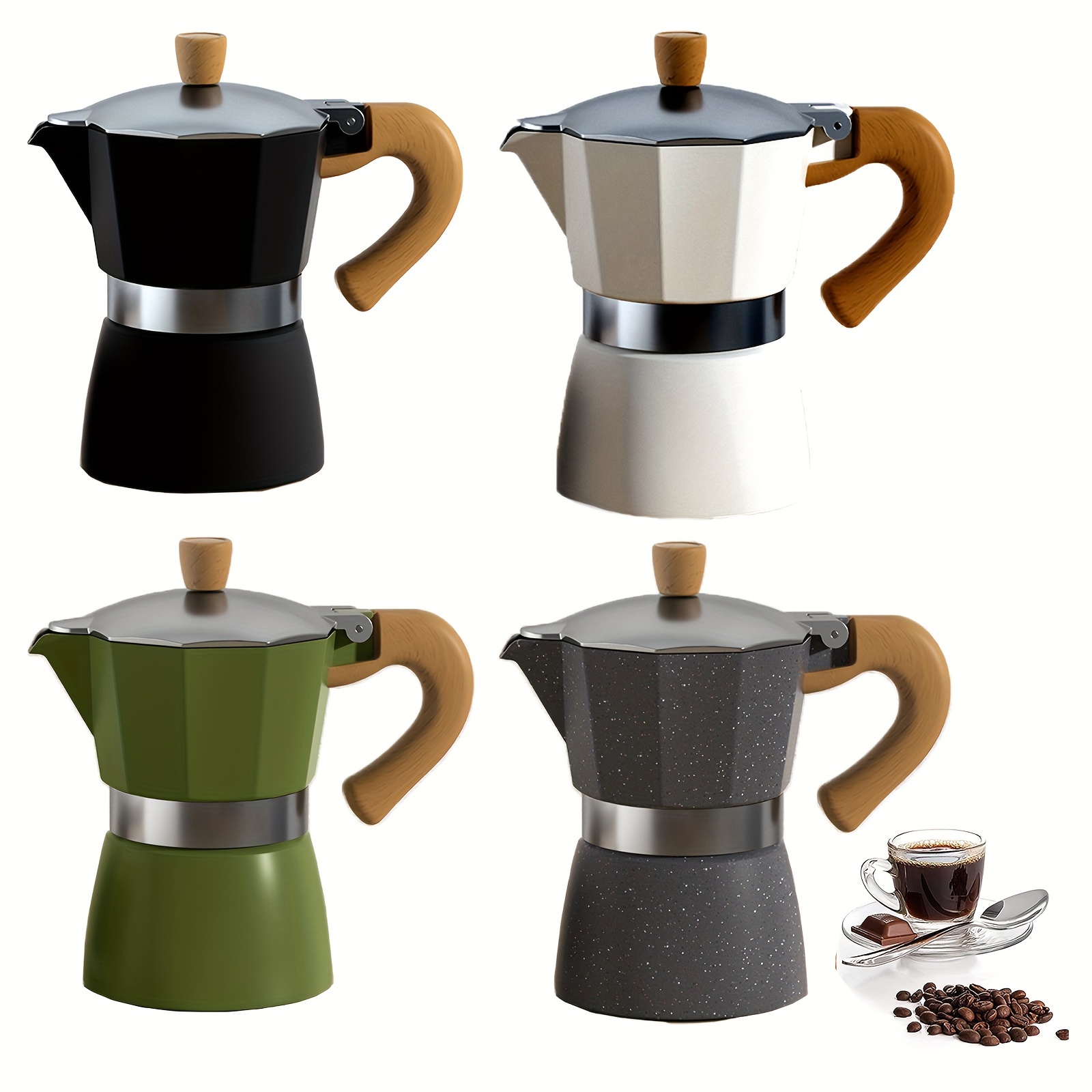 Portable Coffee Pot, Coffee Dispenser, Aluminum Coffee Pot with Wood Grain  Handle Moka Coffee Pot Outdoor Portable Coffee Maker Tool(150ML-Off-white)