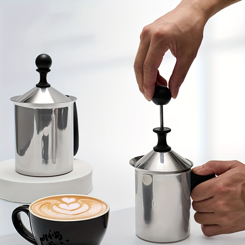 400cc 304 Stainless Steel Manual Milk Frother Foamer Hand Pump Frother  Mixer Coffee Foam Pitcher with Handle Stirrer for Coffee Latte Art
