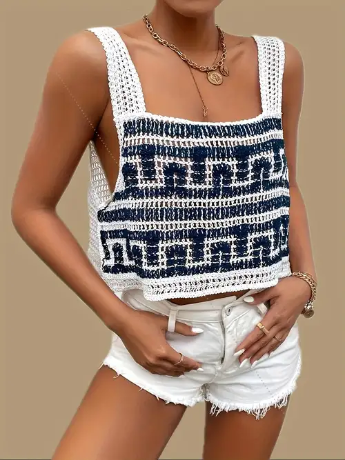 Crochet Knitted Crop Top Long Sleeve Vacation Casual Top - Temu