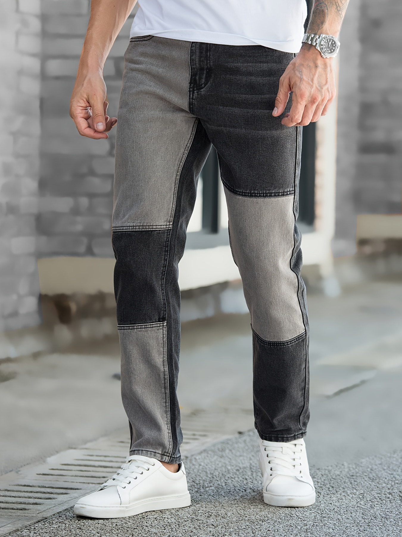 Men's Ripped Patchwork Jeans With Pockets, Zip Design Distressed Streetwear  Long Denim Trousers - Temu