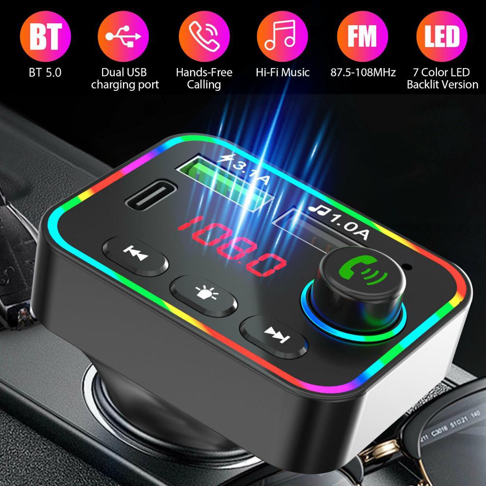 Wekome Car Charger, Car Cigarette Lighter Charger, Wireless Bt 5.1, Mp3  Music Player, Led Colorful Light Strip, Hands-free Calling Support, Tf  Card, Usb Music Connection, Type-c And Usb Fast Charging - Temu