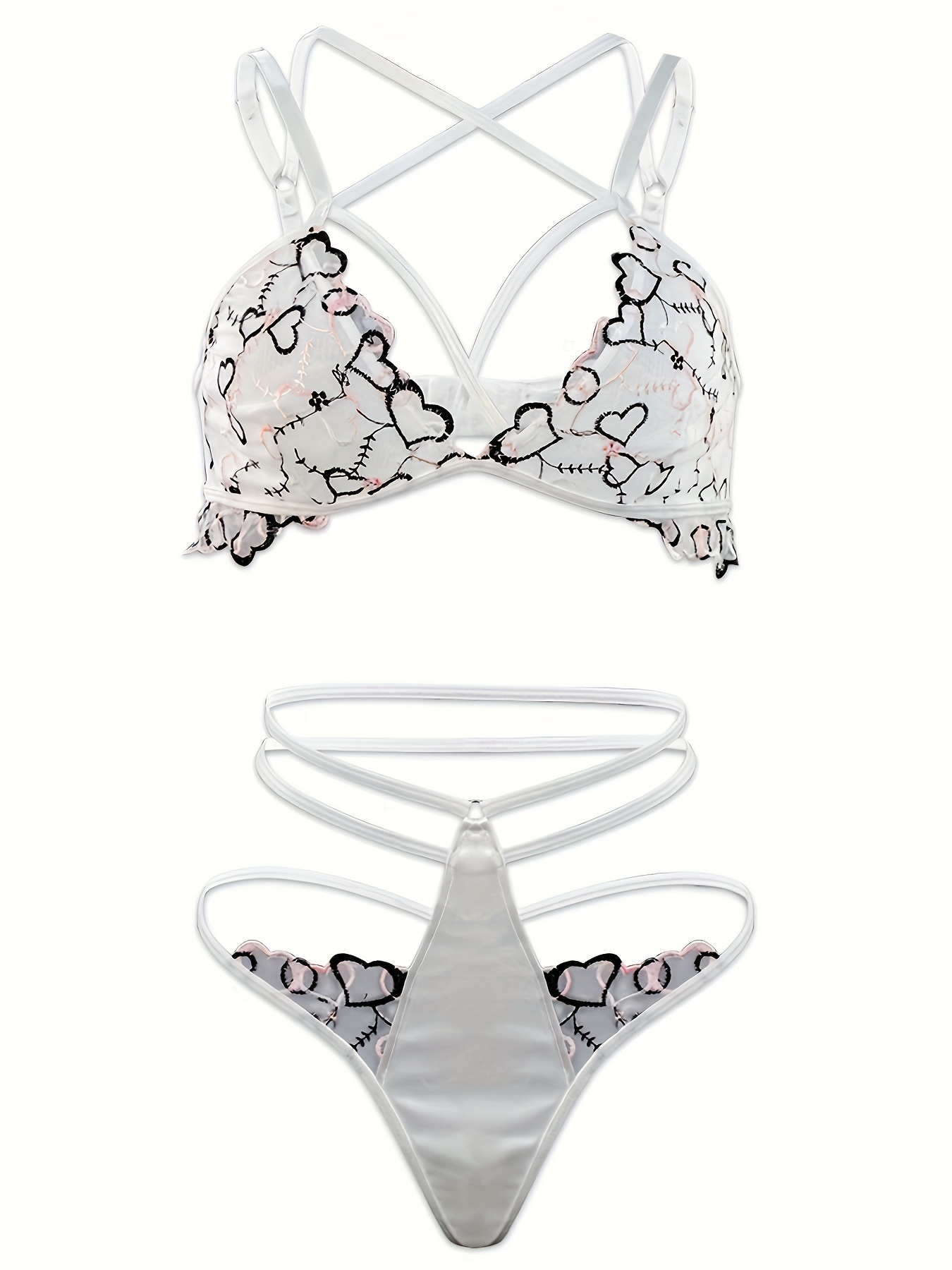 Skimpy Heart Pattern Lingerie Set, Cut Out Plunge Bra & Sheer Thong,  Women's Sexy Lingerie & Underwear