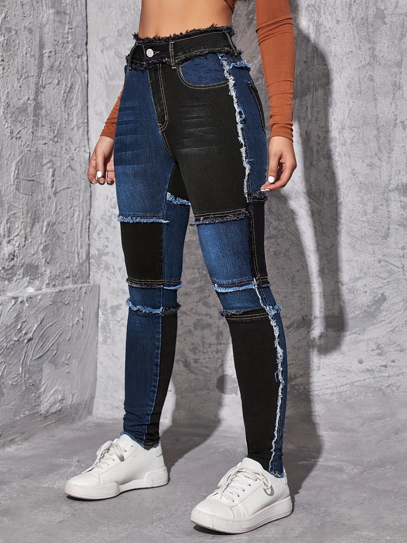 Colorblock * Trim Straight Jeans, Loose Fit High Waist * Versatile Denim  Pants, Women's Denim Jeans & Clothing