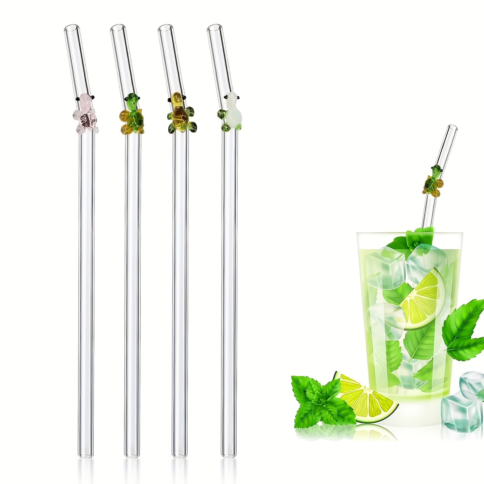 Set of 6pcs Flowers Design Reusable Drinking Glass Straws with 2pcs  Cleaning Brushes