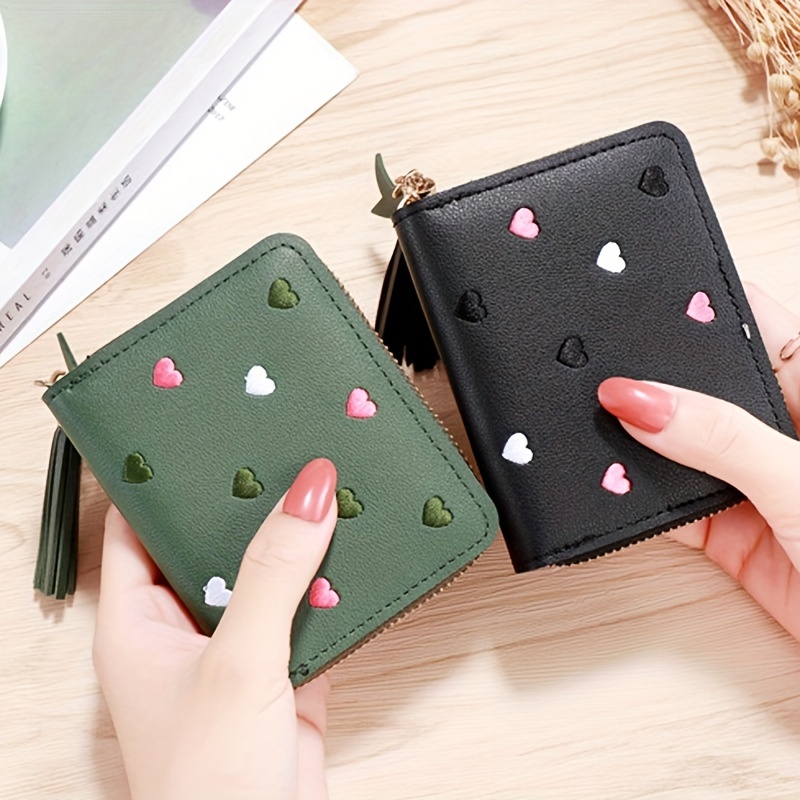 Heart Embroidered Faux Leather Wallet, Women's Small Cute Wallet with Multi Card Slots,Women Purses,Temu