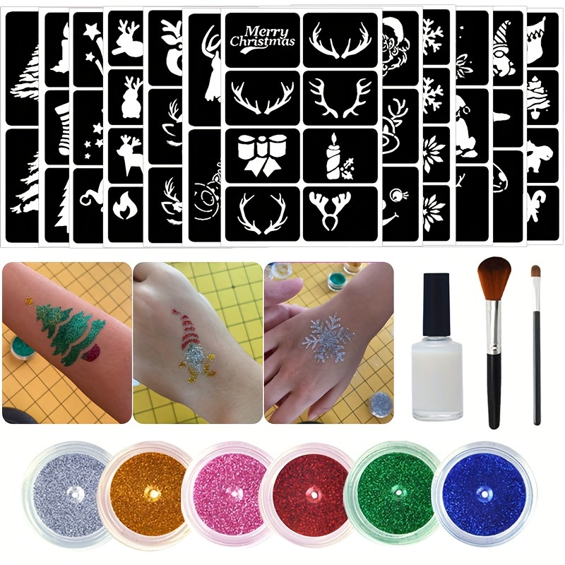 Temporary Glitter Tattoos Kit for Kids, 24 Large Glitter Colors & 6  Fluorescent Colors, 105 Stencils, Body Glitter Nail Art Glow in Dark  Tattoo, Body