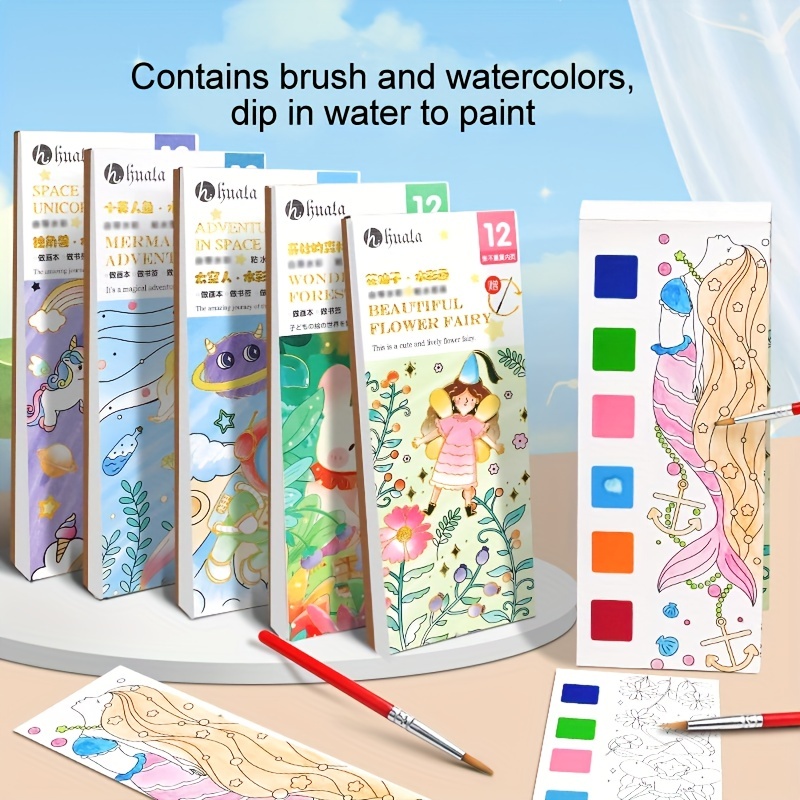 Watercolor Coloring Books for Kids Ages 4-8,Pocket Watercolor Painting Book  for Toddlers,Mini Water Coloring Art Kit,Small Travel Watercolor Coloring