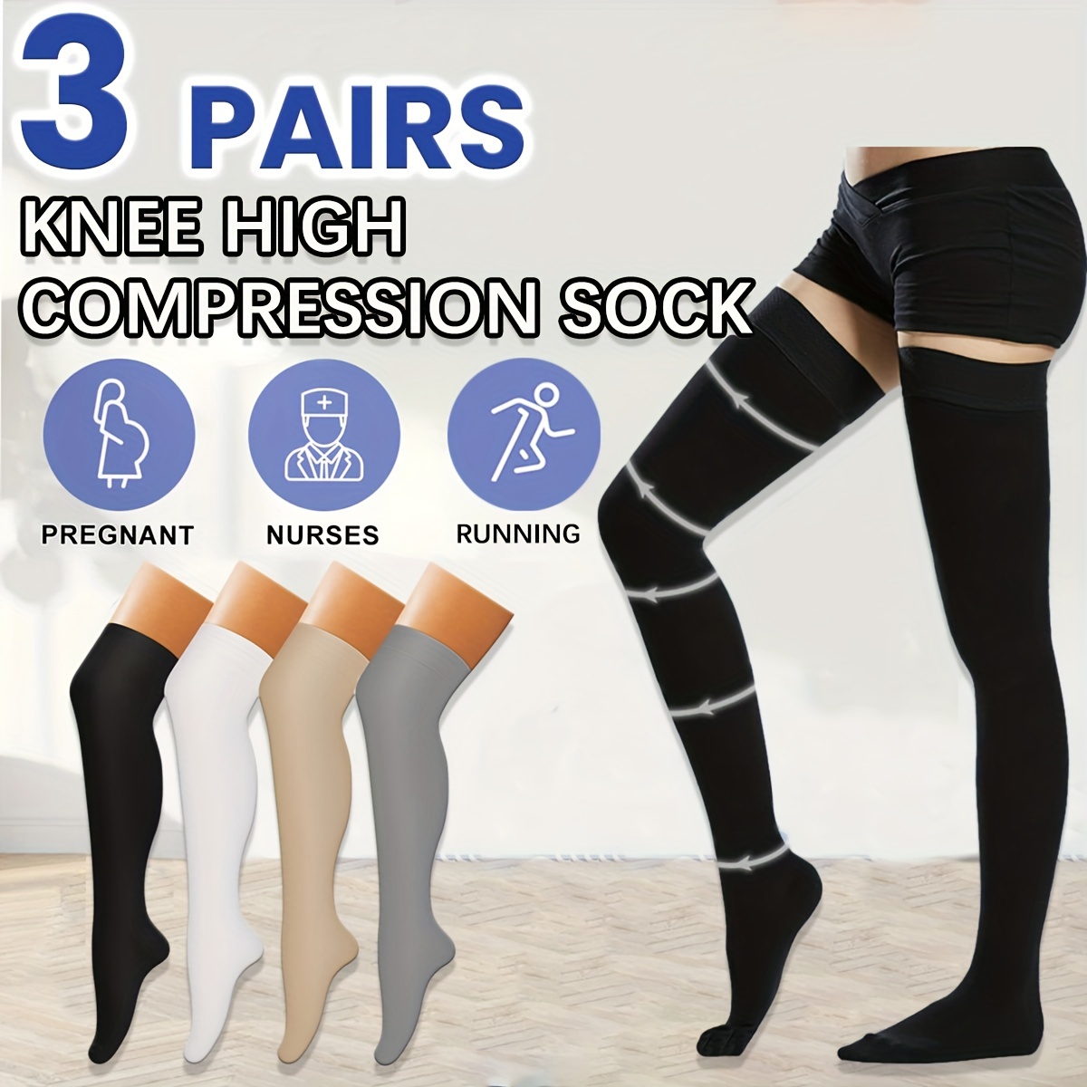 20 30mmhg Compression Socks Zipper Running Solid Ribbed Knee - Temu