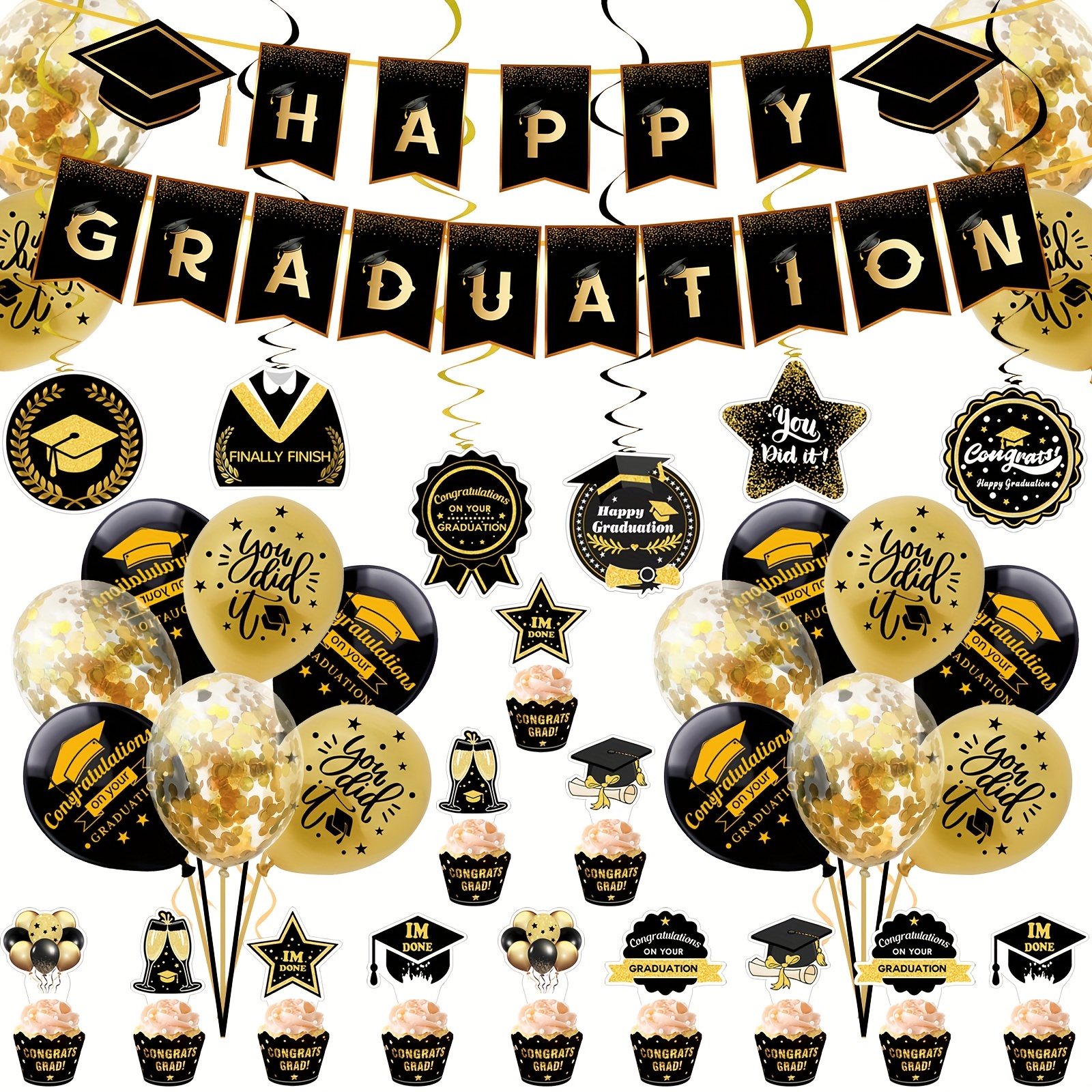 Graduation Party Decorations Class of 2024 Black Gold Graduation  Decorations Including Congrats Grad Banner Backdrop and 60 Pcs 12 Inches  Balloons for