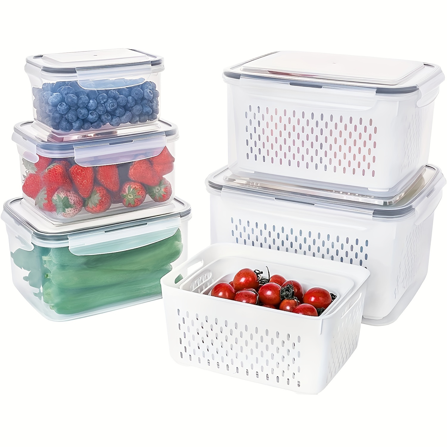 Fruit Storage Containers For Fridge With Removable Colanders, Refrigerator  Fruit Vegetable Crisper, Dumpling Meat Eggs Ginger Garlic Green Onion Food  Storage Containers, Dishwasher Safe, Home Kitchen Utensil - Temu