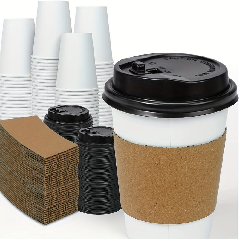 [300 Pack] 12oz Disposable White Paper Coffee Cups with Black Dome Lids and  Protective Corrugated Cup Sleeves - Perfect Disposable Travel Mug for