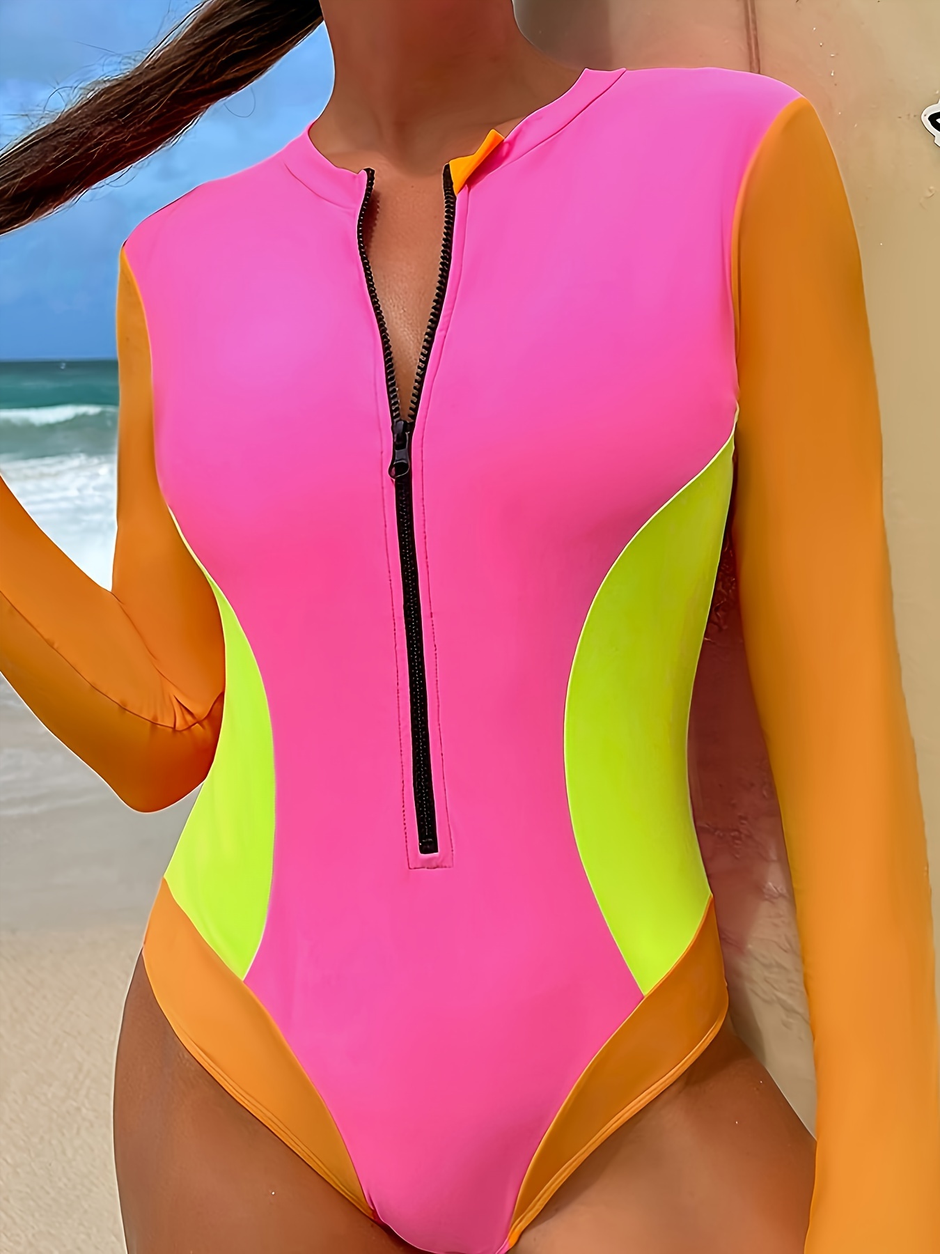 Colorblock Long Sleeve Swimsuit, One-Piece Half Zip Bodysuit & Bathing  Suit, Colorful & Cute, Women's Swimwear