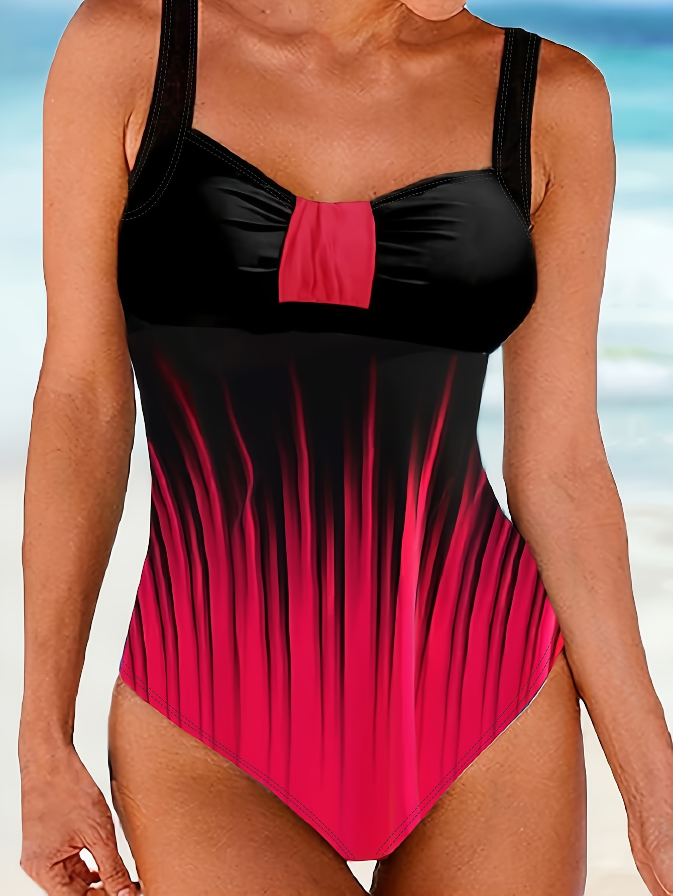 Colorful Tummy Control Swimsuit, Scoop Neck One-piece Bathing Suit, Stripe  & Polka Dot Design, Women's Shapewear & Swimwear