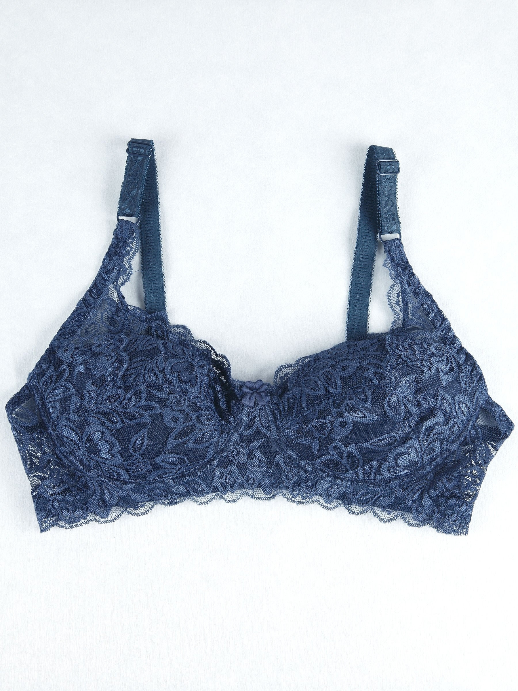 Plain Blue Lace Bra & Panty, Push Up Bra & Bow Decor Panties Lingerie Set,  Women's Lingerie & Underwear