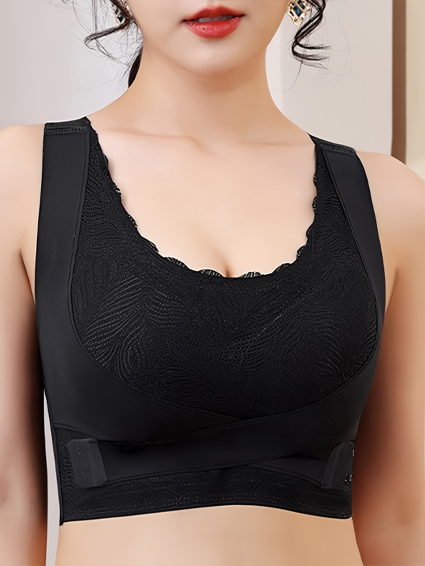 Women's Lace Wireless Bra, Full Coverage Front Crossover Push Up