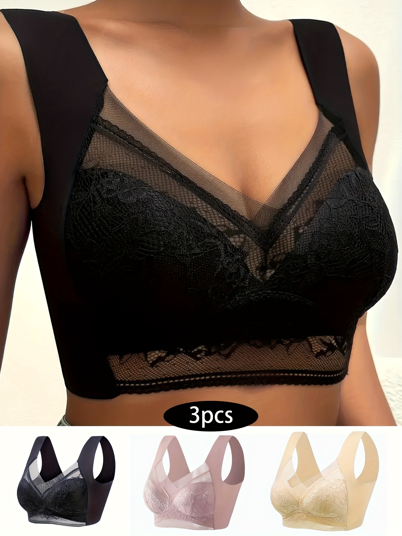 Contrast Lace Wireless Bra Front Buckle Criss Cross Back Bra