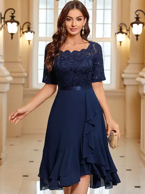 Elegant Lace Solid Dress Short Sleeve Ankle Dress Party - Temu