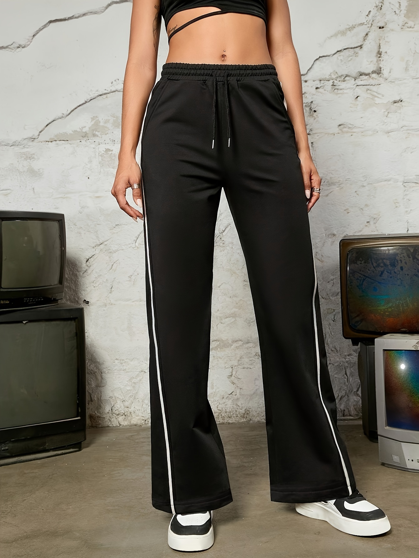 Contrast Side Wide Leg Pants Baddie Clothes Drawstring Pants