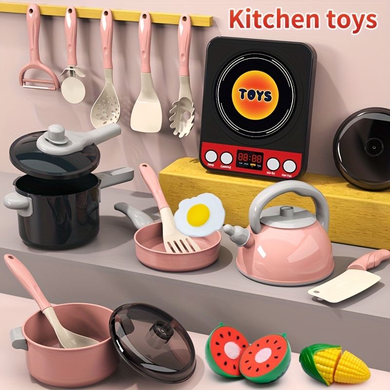 CUTE STONE Pretend Play Kitchen Accessories Toy, Kids Kitchen Playset with  Stainless Steel Play Pots and Pans, Cutting Play Food. Storage Box, Cooking