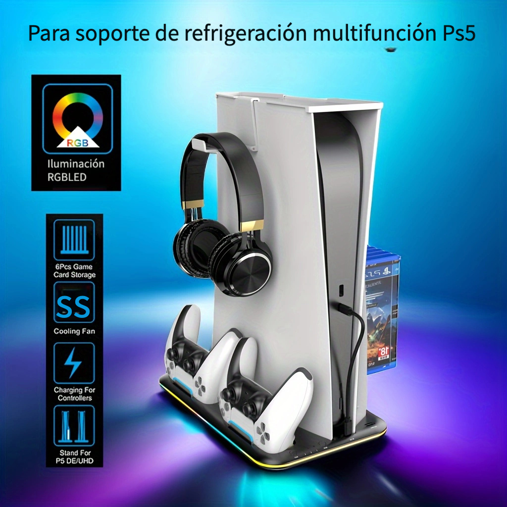 Estación de enfriamiento PS5 para consola Playstation 5/PS5 Slim,  accesorios PS5 con luz RGB, ventilador de refrigeración de 3 niveles,  cargador de