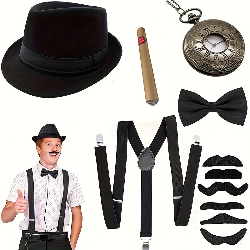 1920s Mens Gatsby Gangster Costume Accessories Set Old Man Costume Grandpa Accessories  Set With Panama Hat Suspender Bow Tie