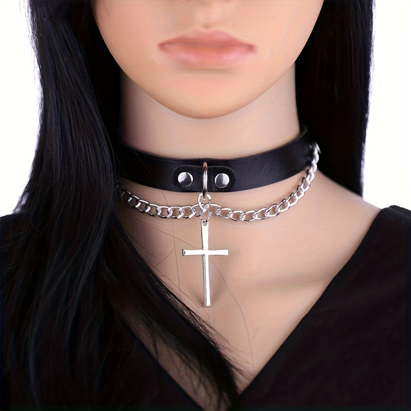 Girls Choker Necklace for Women Cross Star of David Charm Black Leather  Tattoo Necklace