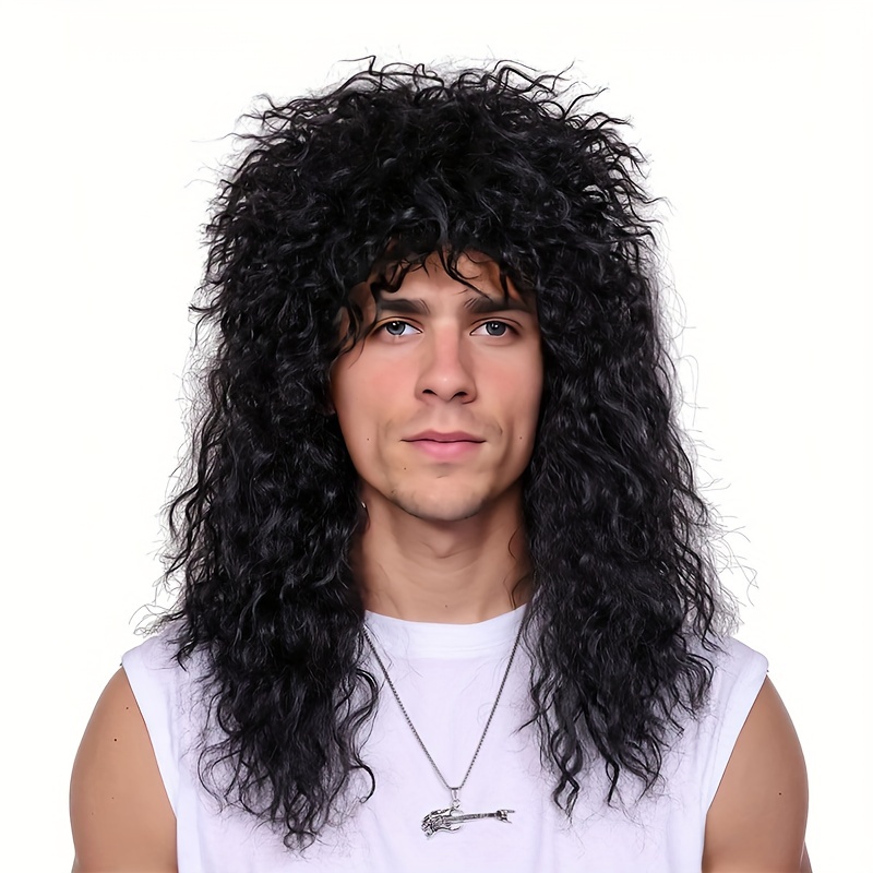  80s Rock Wig with Bandana 80s Mens Mullet Brown Curly