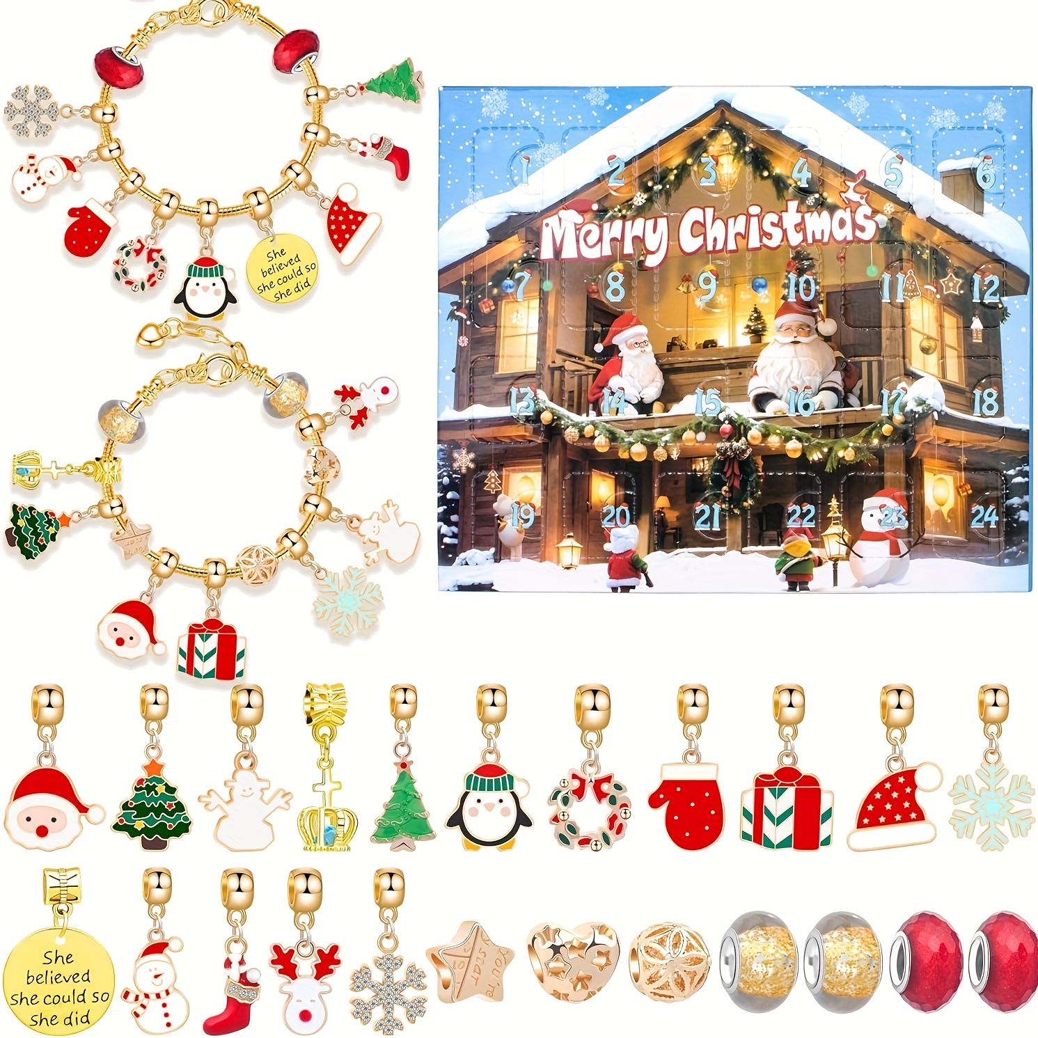 Advent Calendar 2023 Girls, 24pcs DIY Charm Bracelet Making Kit Including  Jewelry Beads, Snake Chains, Adjustable Rings, Necklace String, Mermaid