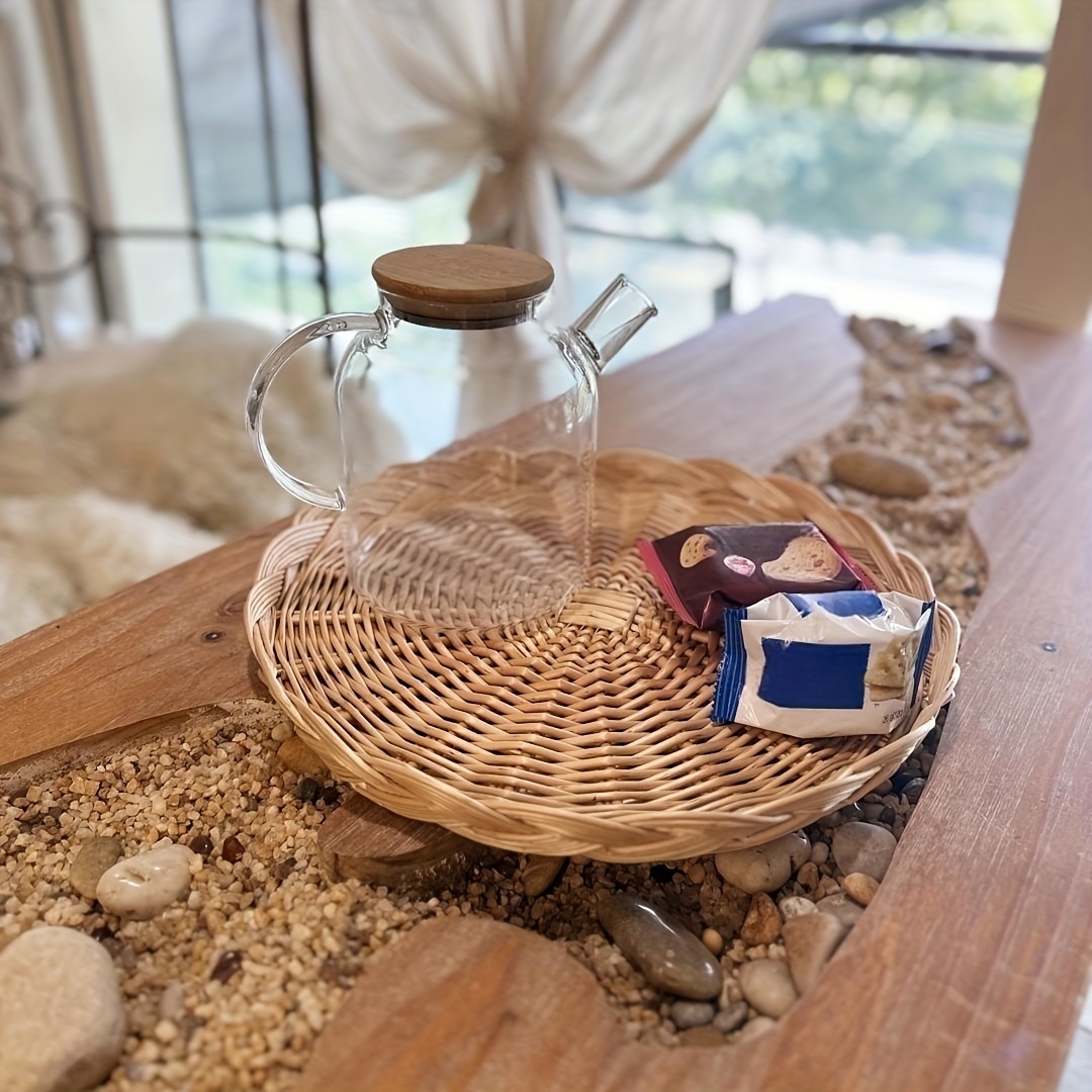 Bandeja redonda de bambú de 11.8 pulgadas, bandeja de madera con asas,  bandeja de madera natural para otomana, cocina/mesa de café