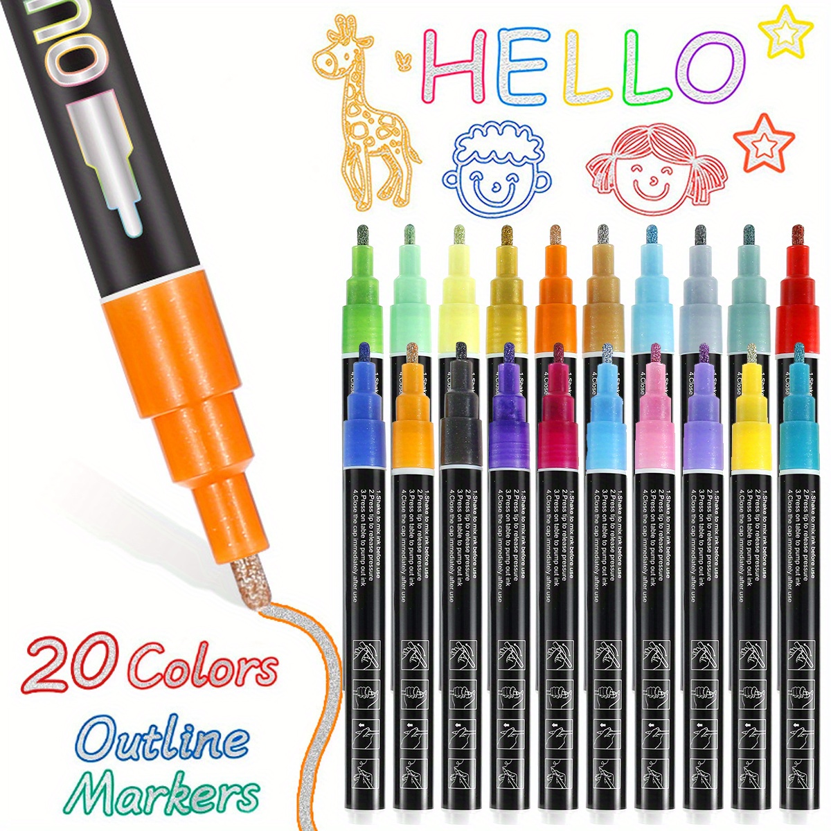 Doodle dazzlingly Markers, Outline Metallic Markers Double Line Pens  Permanent Markers Pens for Art, Drawing, Greeting Cards,Rock Painting, Kid
