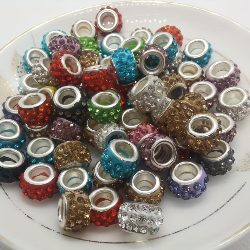 Crystal Rhinestone Polymer Clay Large Hole Beads With Silvery