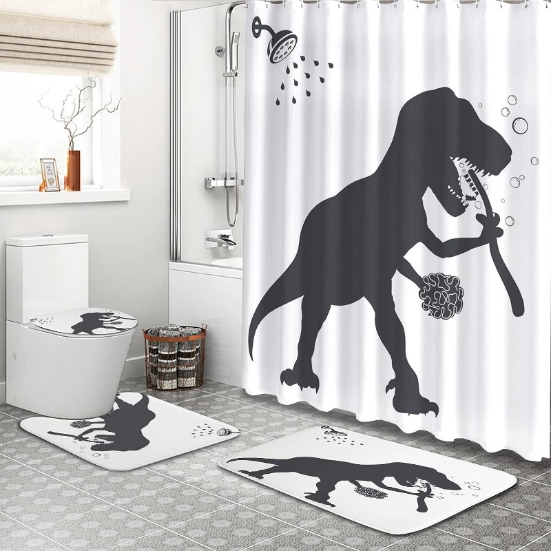 Fun Cat Dinosaur Shower Curtain Set Soft Fabric Non slip - Temu