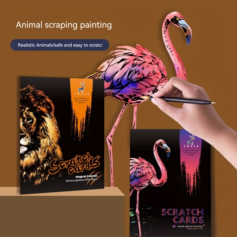 Animal scratch art rainbow painting paper, Engraving Art & Craft Sets,  Creative foil scratch art toys gift, DIY sketch card scratchboard for Kids  & Adults, Women - 16'' x 11.2'' with 3