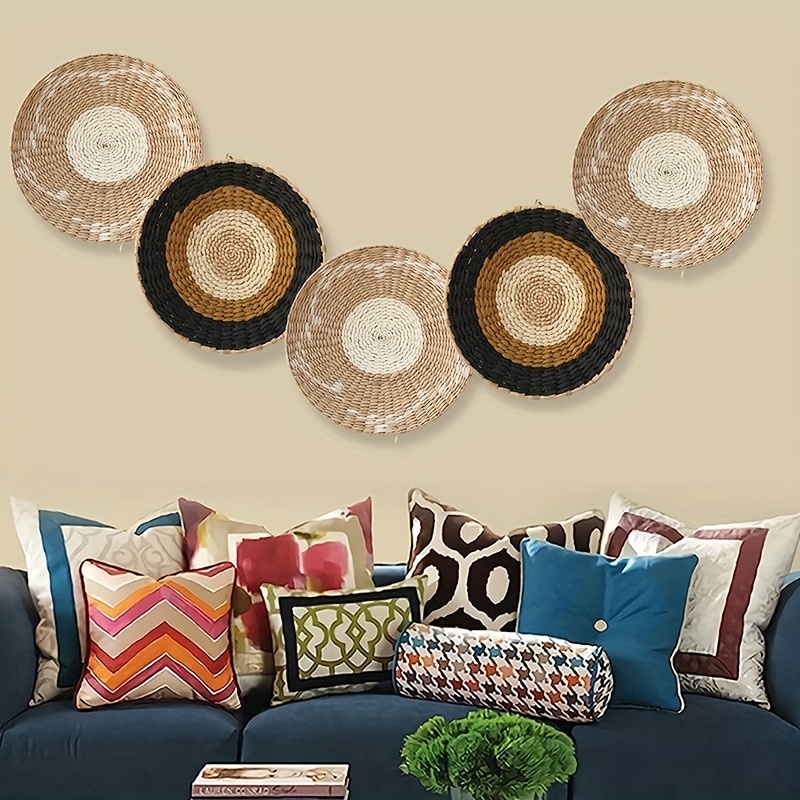 Straw Woven Round Wall Decor Pendants Creative Retro Ethnic Background  Bedside Ornament Ethnic Style Hand-woven Hanging