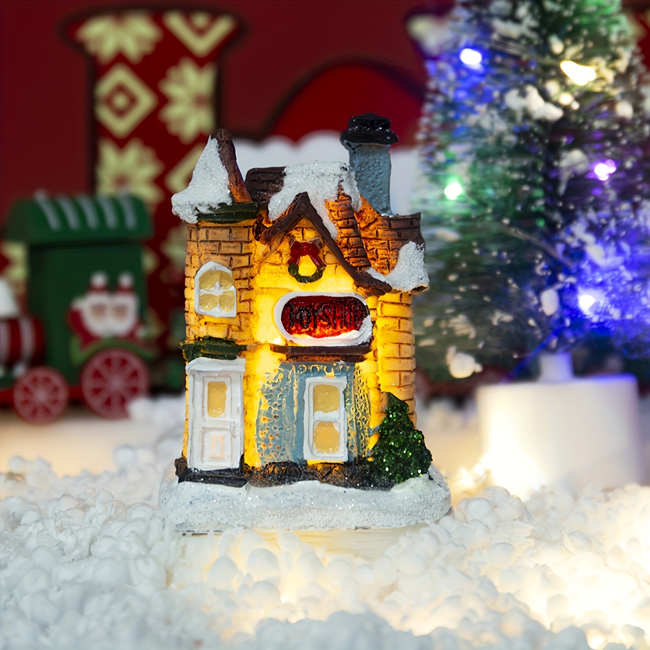 1 pièce, maison miniature de décoration de Noël, petite maison lumineuse  créative de Noël, résine, décoration