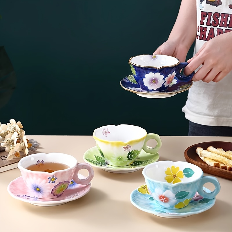Juego de tazas de té y platillos, tazas de té Vintage, juego de té de , taza  de té con patrón 3D de 250ml, taza de té y platillo para té, agua, 