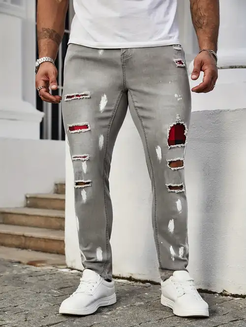 Zipper Decoration Slim Fit Ripped Biker Jeans Men's Casual - Temu Canada