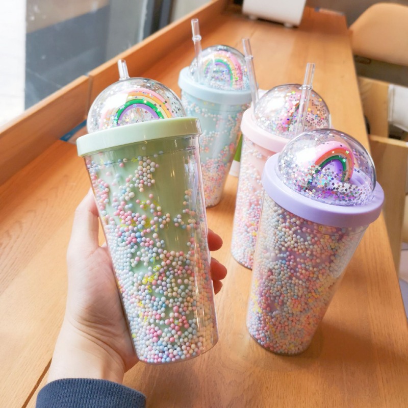 420ml Outdoor With Straw Glittery Portable Double Wall Water Bottle Cat Ear  Drinking Cup Drinkware Smoothie Cup TRANSPARENT 