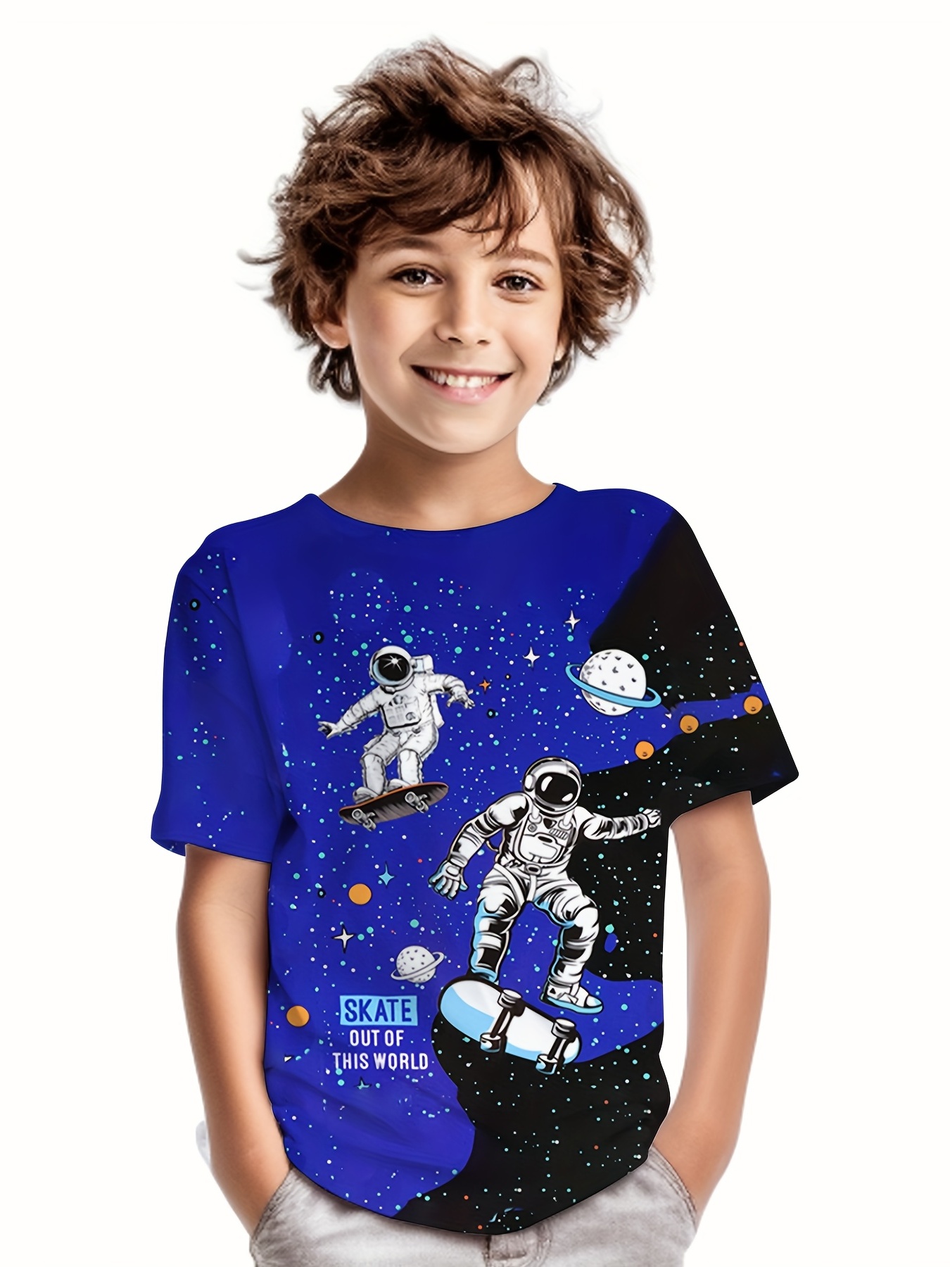 Cartoon Spaceman And Fries Print Boys Creative T-shirt, Casual