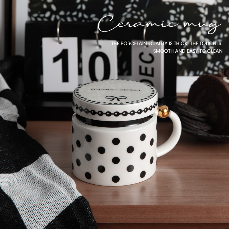 480ml Polka Dots Ceramic Mug with Lid Spoon Microwave Oven