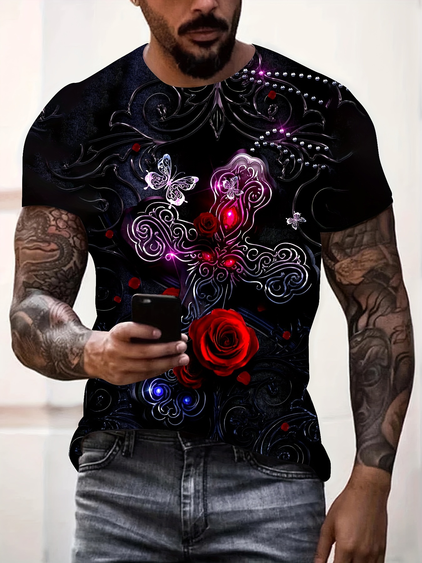 Immortal Flower Print Tee Summer Round Neck Men's Short - Temu Canada