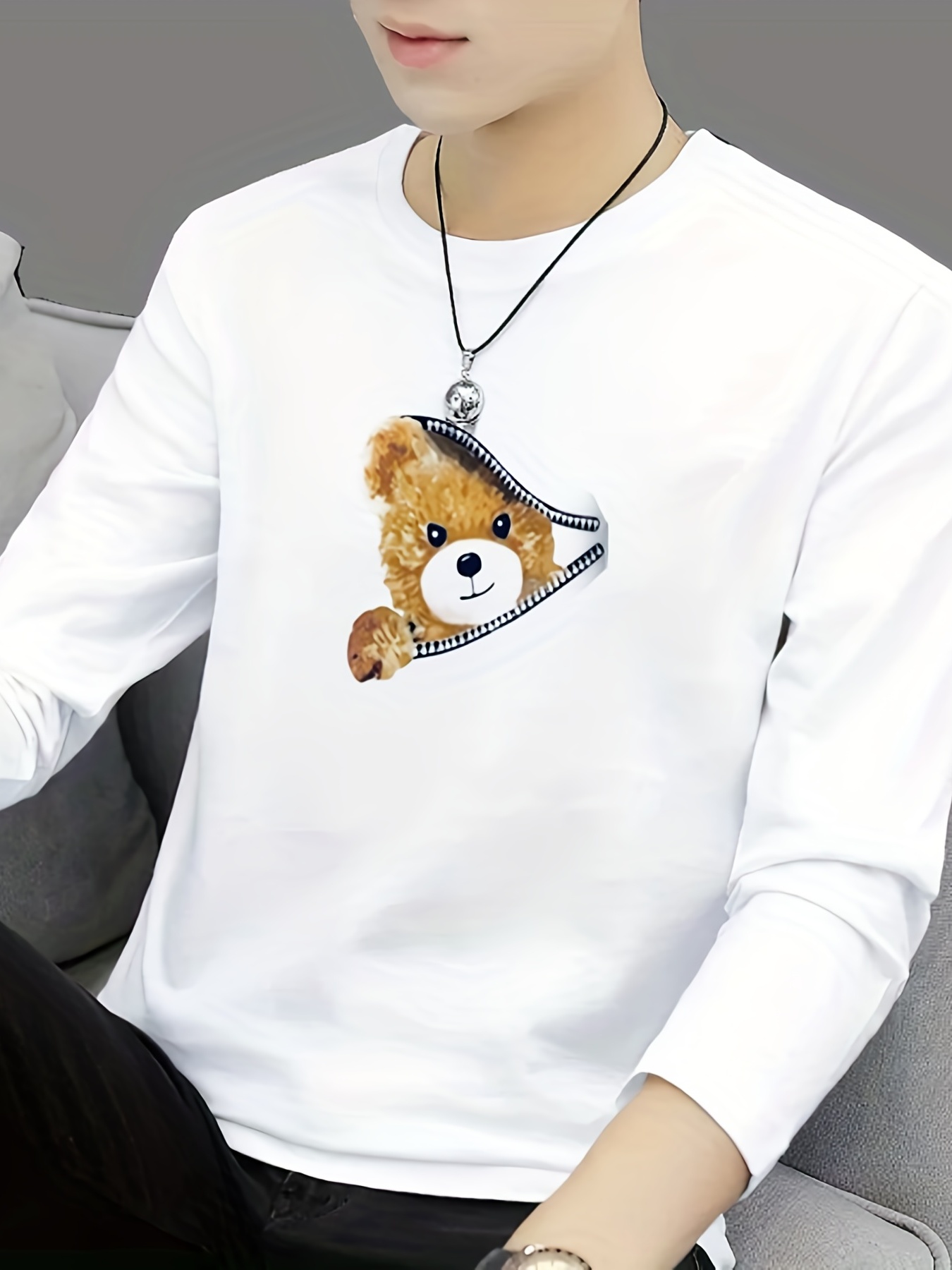 Men's Stylish Rhinestone Bear Print Sweatshirt Casual Crew Neck Long Sleeve  Pullover Top - Temu