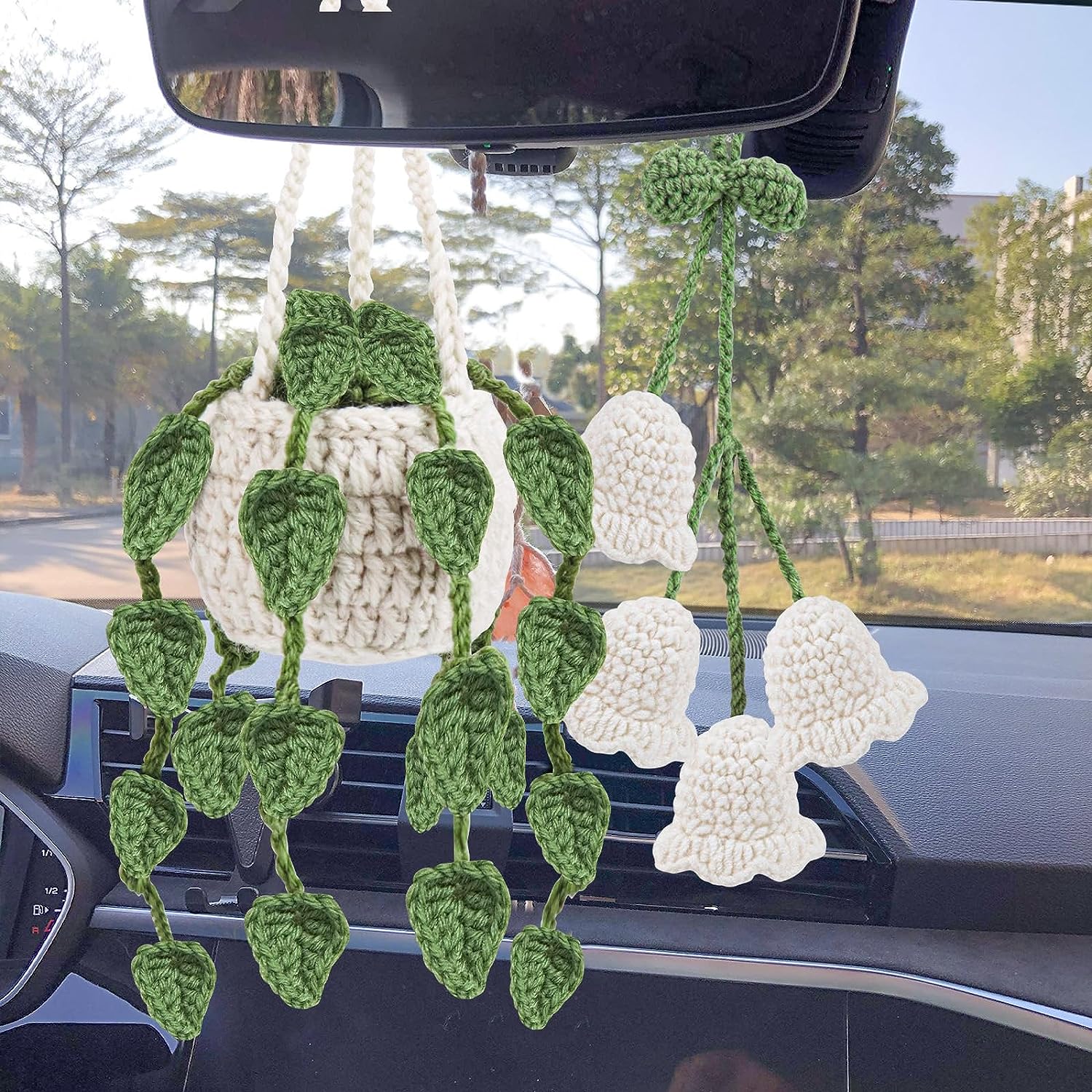 Miroir de voiture au crochet fait à la main Kawaii, plantes de