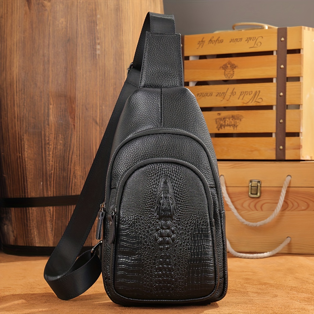 Men's Crocodile Pattern Casual Chest Bag With Earphone Hole Outdoor Leather Shoulder  Bag, Multifunctional Travel Crossbody Bag - Temu