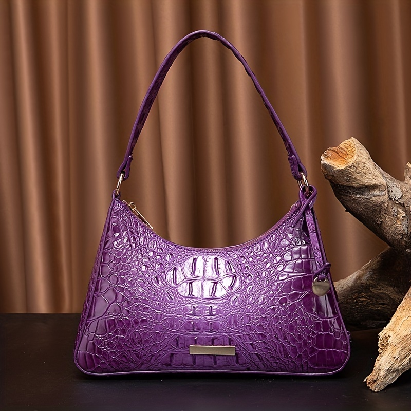 Crocodile Embossed Leather Inspired Trendy Platinum Bag Medium-30 cm / Beige & Purple