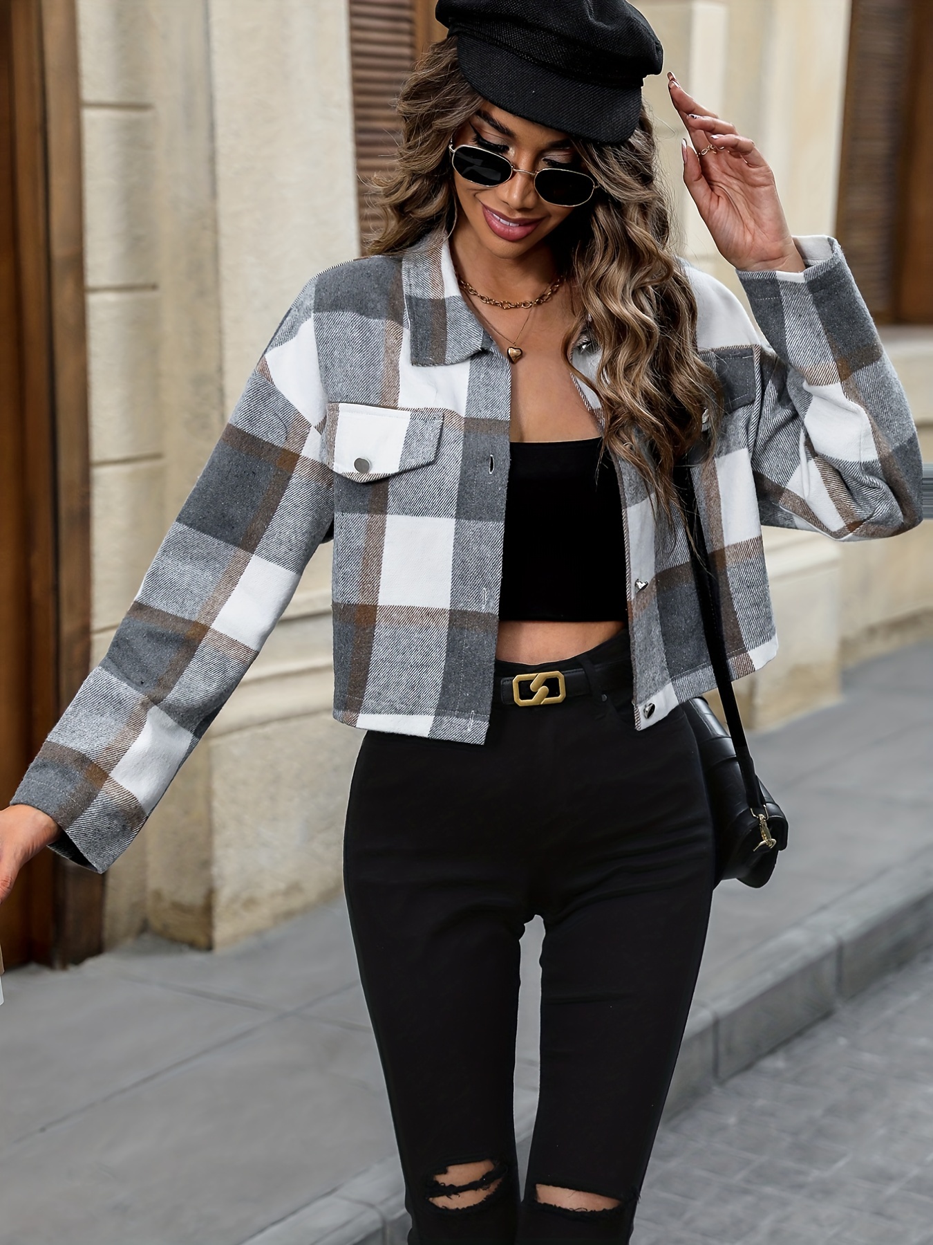 Button Plaid Lapel Jacket, Casual Flap Pockets Long Sleeve Crop Jacket,  Women's Clothing - Temu